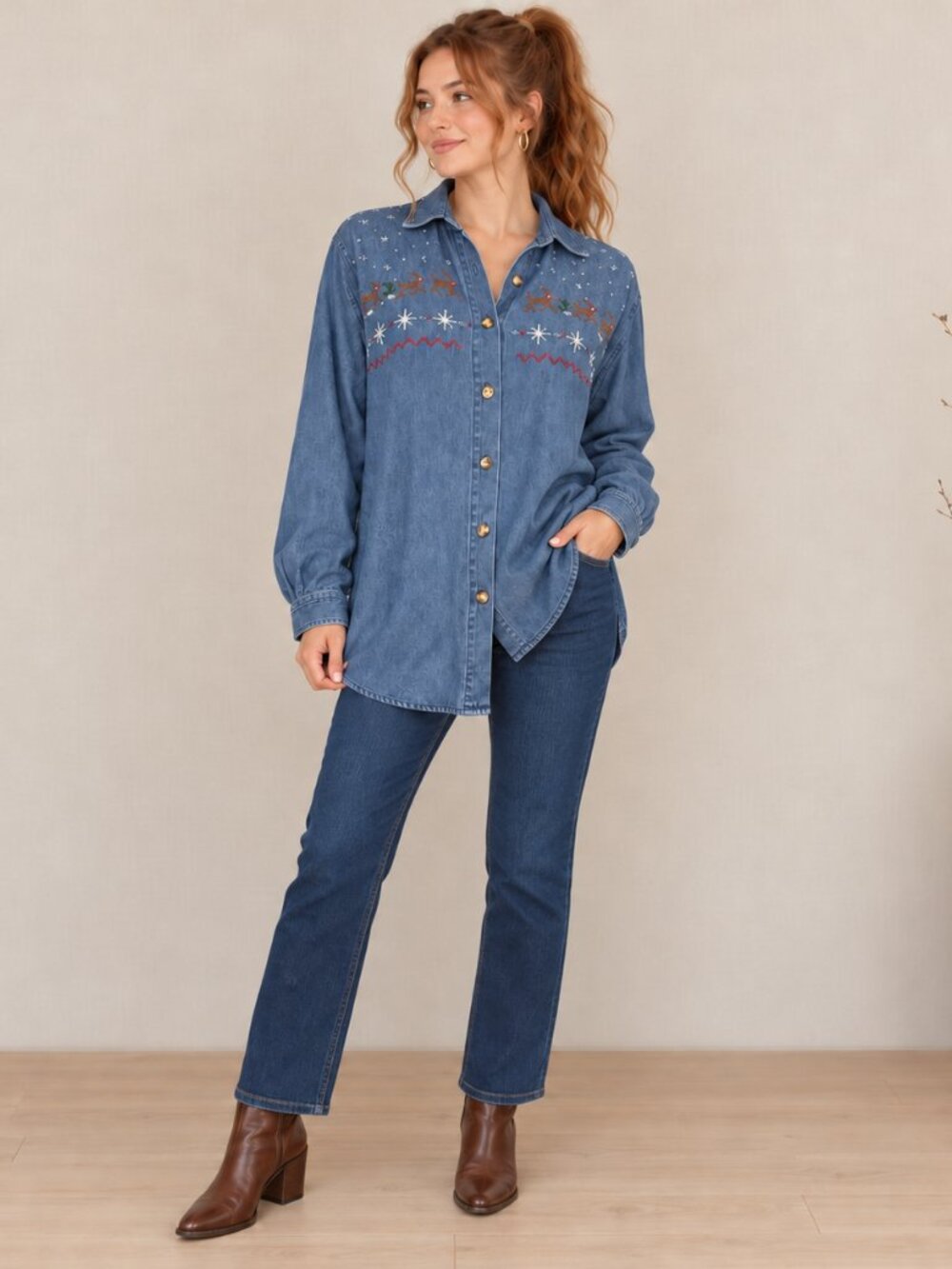 Casey & Max Vintage-Inspired Blue Denim Embroidered Button-Up Shirt Medium Xmas